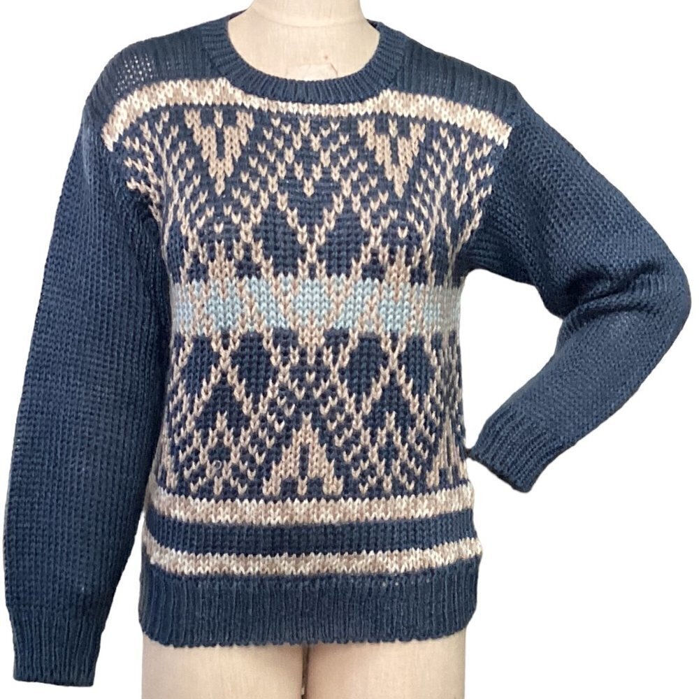 DEB Hand Knit Crew Neck Sweater Multicolor Blues Beige‎ White Sz M #211C